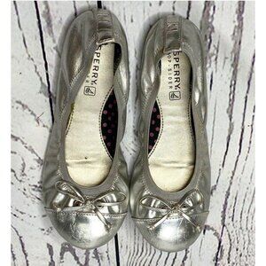 Sperry Topsider Shoes Girls 1 Silver Ballet Flats Bows Leather Slip On
